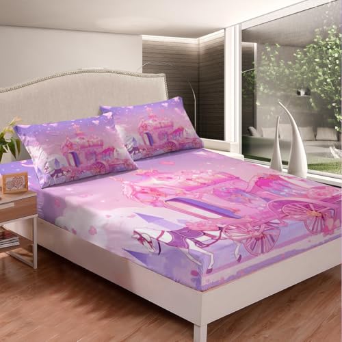 Loussiesd Kids Girls Pink Fitted Sheet Single Princess Carriage Pink Bedding Set for kids boys girls Pink Love Heart Bed Sheets Soft Sheets Set No Flat Sheet - Image 3