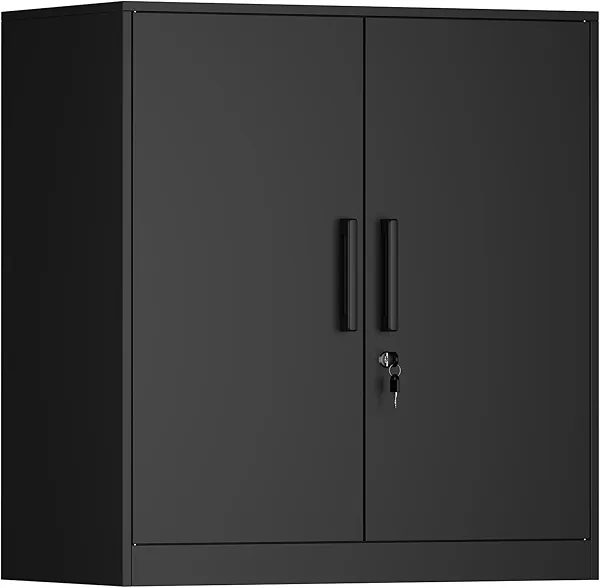 IRONFFICE Metal Wall Cabinet,Garage Wall Cabinet with Handle,Lockable Storage Cabinets Wall Mounted with 2 Doors,Locking Cabinet with Shelves for Basement,Living Home,Black