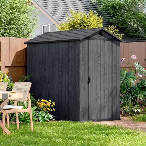 Image of Patiowell 4 x 6 Resin Storage Shed with Floor, Outdoor Plastic Garden Shed with Lockable Door & Window, Easy Assembly Tool Shed for Backyard, Dark Gray
