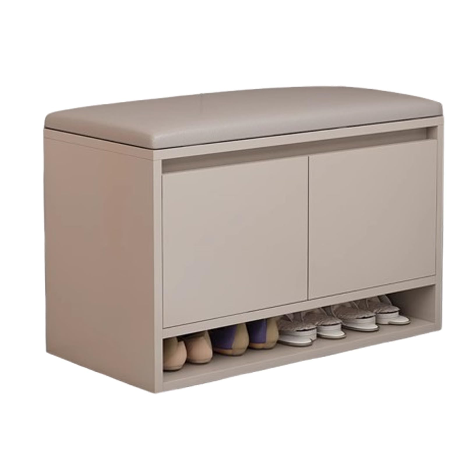 Regulowana wysokość ławka na buty z grubymi poduszkami piankowymi, ekologiczna skóra, solidne przechowywanie przy wejściu, 80 x 35 x 46 cm, stylowy organizer na buty z półkami (kawa mleczna)