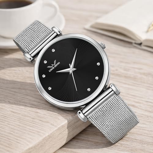 Image of LOUIS DEVIN Mesh-Type Stainless Steel Chain Analog Wrist Watch for Women (Black /Blue /Pink /Green Dial) | LD-L504-CH