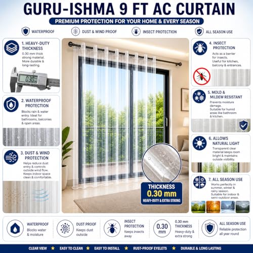 Image of 9 ft Solid Transparent AC Curtain | Waterproof Heavy-Duty 0.30 mm | Dust Wind Rain Protection, Mold & Mildew Resistant | All Season Use for Door, Window & Bathroom (Pack of 1)