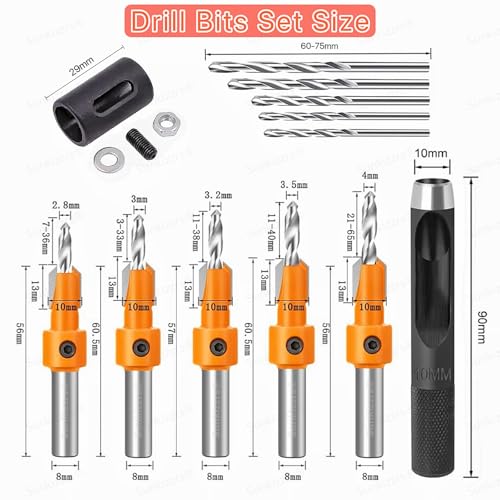 Image of Sunkizzrs 12-Pcs Countersink Drill Bit Set for Woodworking-10mm Aperture -5 /16 inchRound Shank with Extra Pilot Drill Bit & 10mm Dia Hole Punching Tool & Adjustable Depth Stop Collar (2.8 /3 /3.2 /3.5 /4mm)