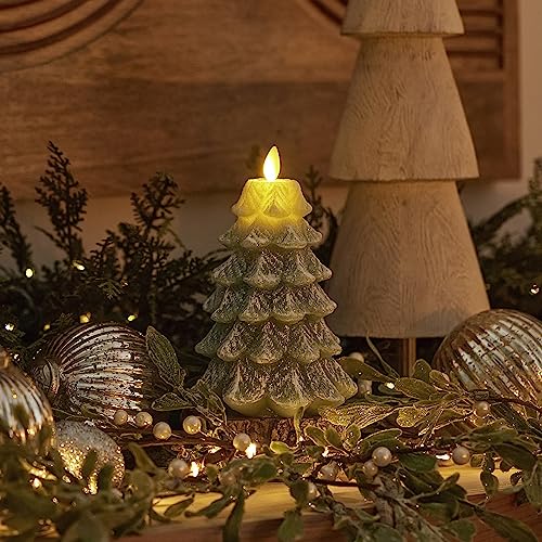 Image of Luminara Christmas Tree Flameless LED Candle, Green 4.7 inch x 6.5 inch, Moving Flame Battery Operated Timer, Holiday Decor, Glitter Snow Finish Safe