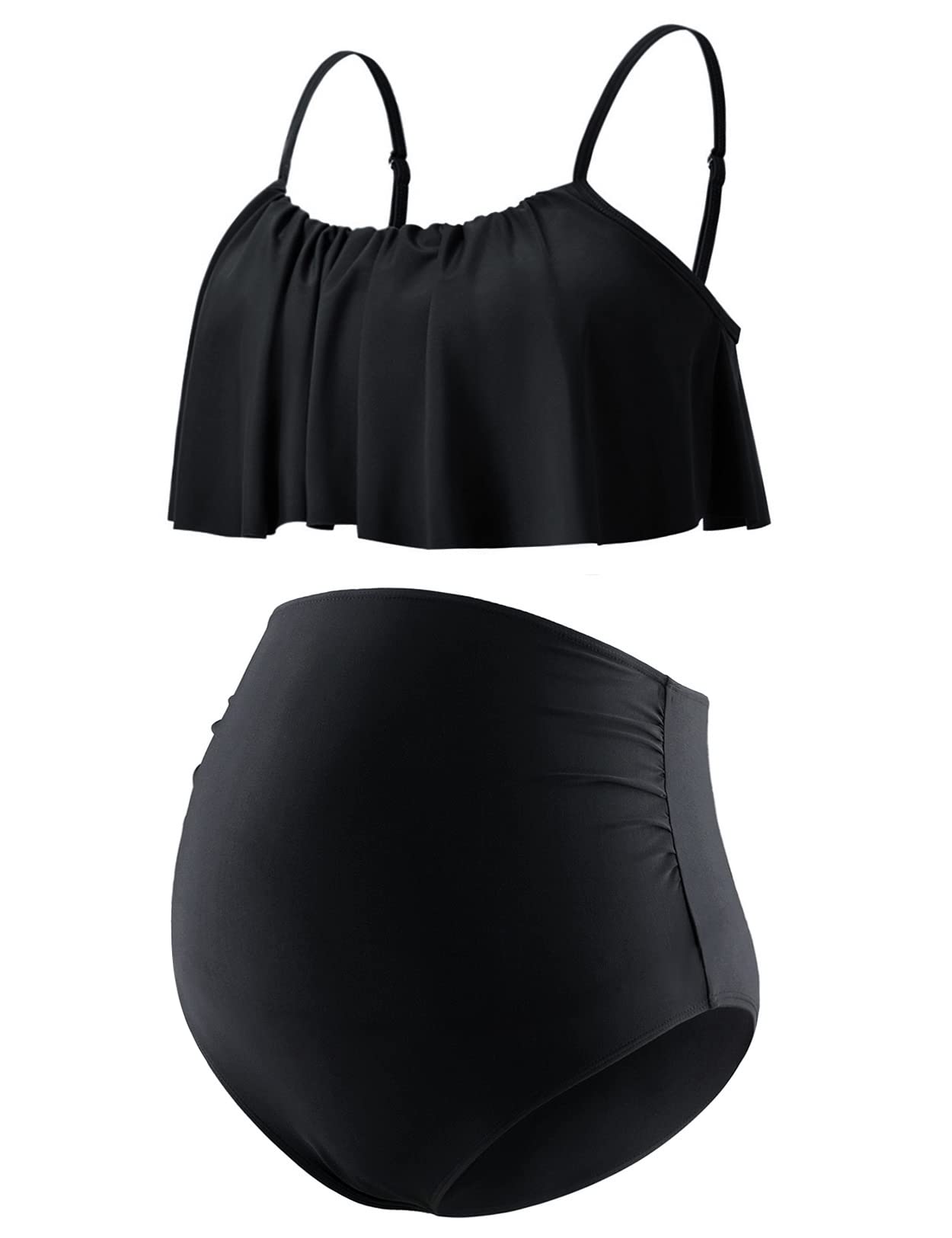 Photo 1 of DEBELLY Maternity Bikini Two Piece Pregnancy Swimsuits Ruffle High-Rise Solid Maternity Bathing Suits,Solid Black,XL