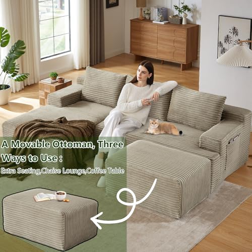 Image of 96.1 inch Modular Sectional Sofa with Ottoman, Modern Corduroy Cloud Couch, Boneless Couch Upholstered 3-Seater U-Shaped Sofa for Living Room, No Assembly (Camel, Right-Facing Chaise)