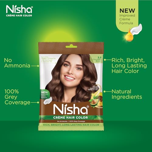 Image of Nisha Cream Permanent Hair Colour, Long Lasting, Hair Color for Deep Shine, 100% Grey Coverage, Conditioning With Natural Herbs (40g) Chocolate Brown (Pack of 4)