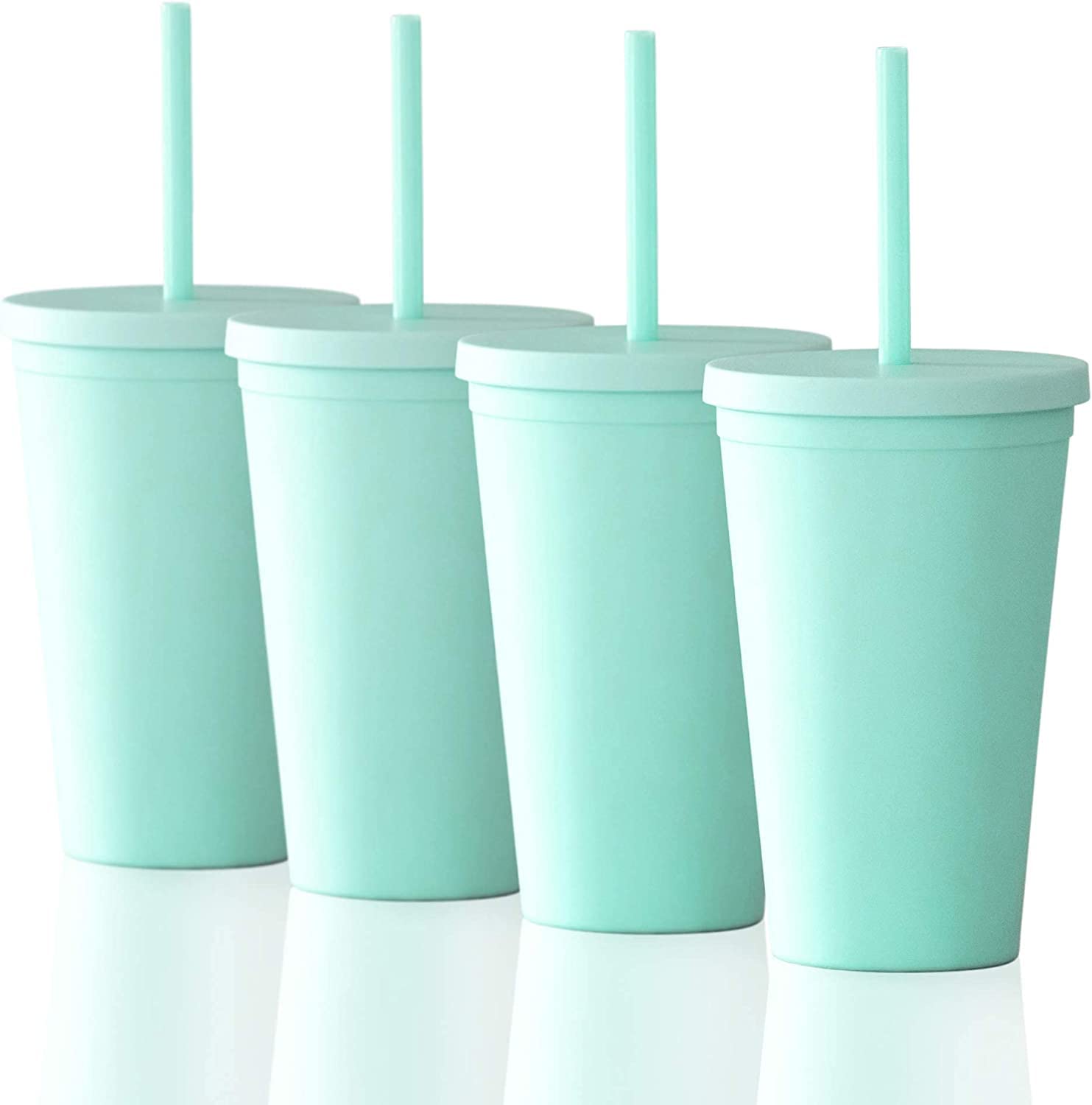 THMINSCup with Straw (4 pack) 480ml Colored Acrylic Cups with Lids and Straws, Double Wall Matte Plastic Bulk (green)