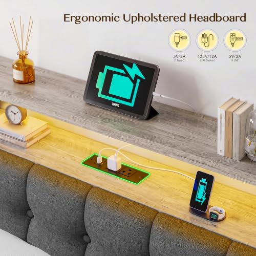 Image of Homkdom King Bed Frame with Upholstered Headboard & Charging Station