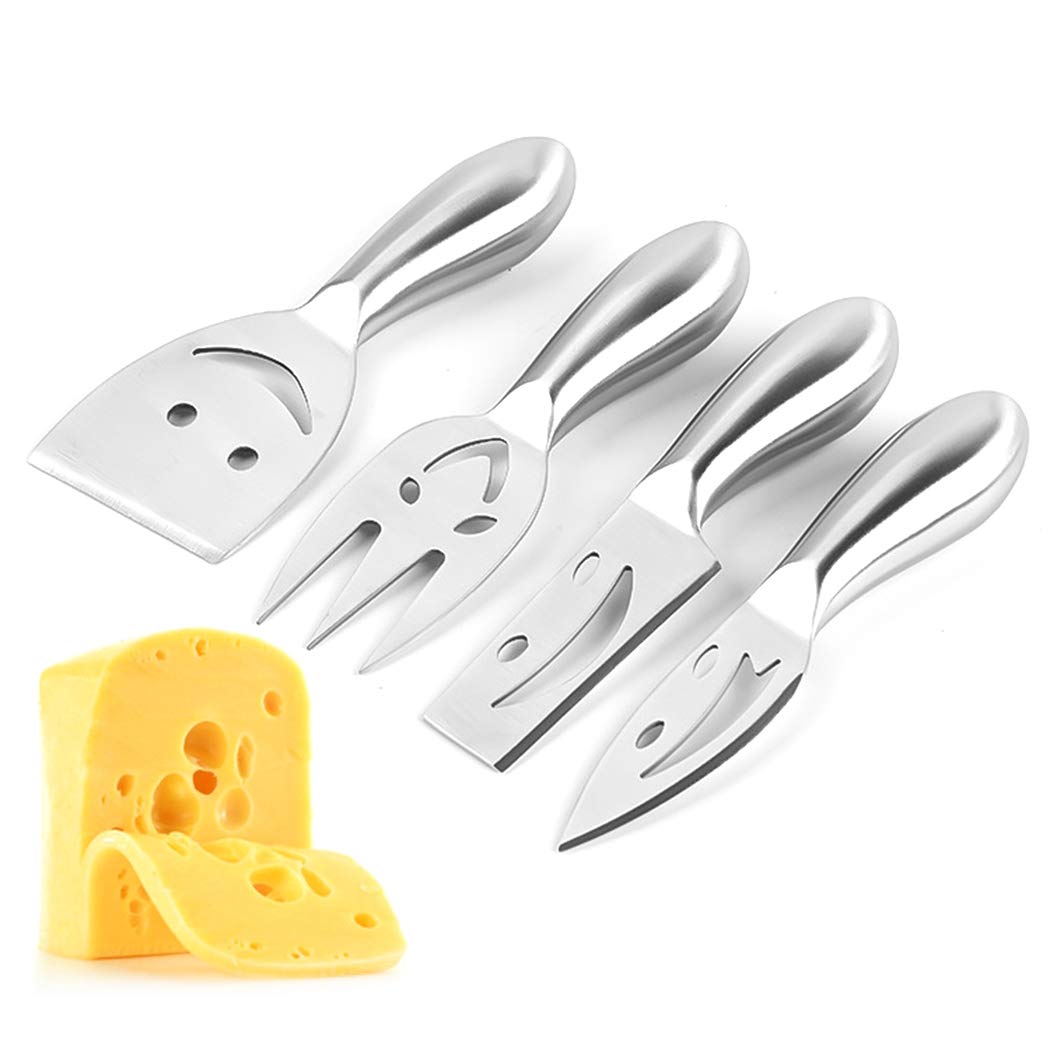 CACAZI 4PCS Cheese Fork Set Stainless Steel Smiling Face Cheese Spreader Set Cheese Slicer Kit Cheese Shaver Set