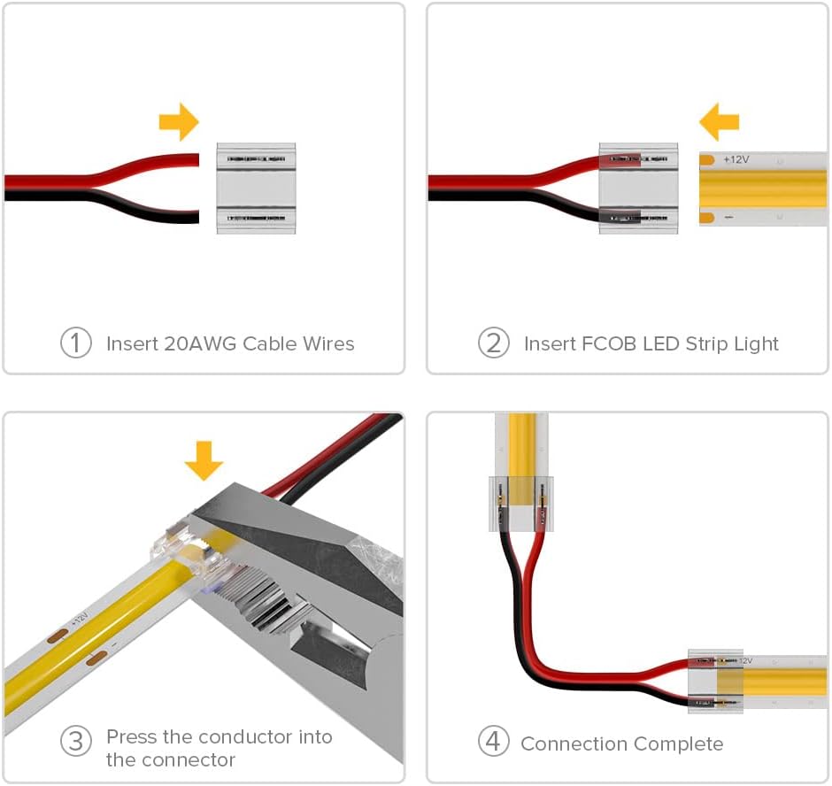 BTF-LIGHTING FCOB COB 10mm 0.39in Connector Kit 14pcs Transparent Connector 5pcs 15cm Long 20AWG Extension Wires for Non-Wired Gapless Solderless,FCOB 2 pin v+ v- Single Color Strip Corner Connection - Image 5