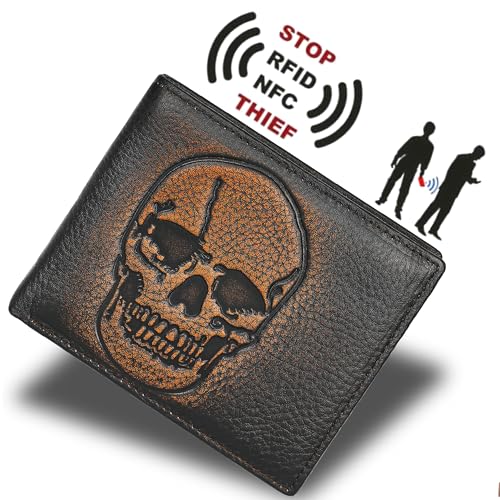 Image of DK86 Skull Bifold Wallet for Men RFID Blocking Full Grain Leather With Hand Burnished Extra Capacity Multiple Card Slots with 2 ID Windows