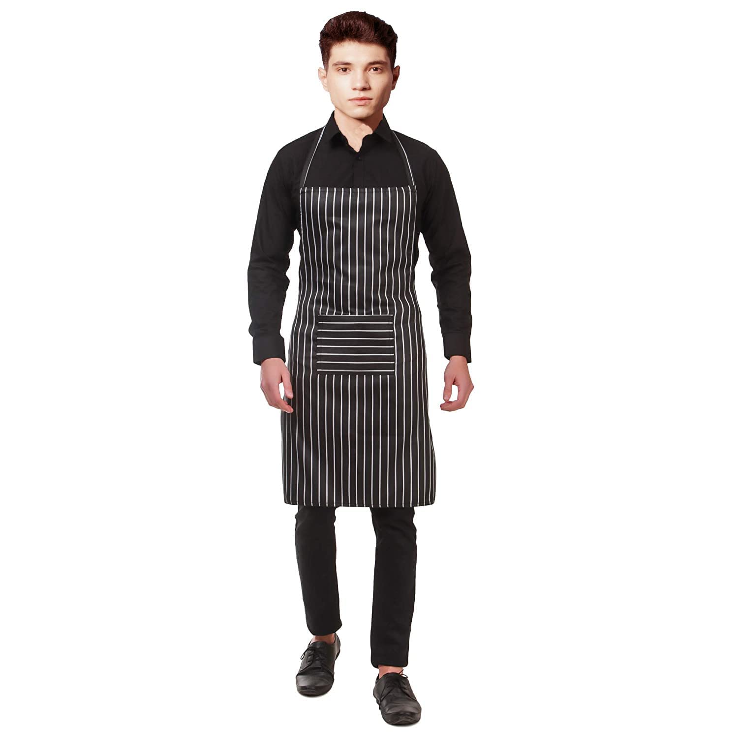 H B MSALA (DEVICE) HB Waterproof Unisex Kitchen Stripes Design Apron with Big Size Front Centre Pocket (Black)