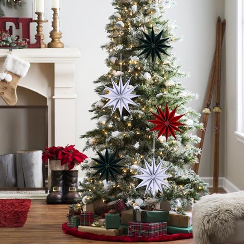 Image of 12 Inches 5 PCS Red Green White Paper Star Lanterns Hanging Stars Christmas Party Decorations Hanging Lampshade Christmas Wedding Birthday Christmas Home Party Decorations(12 Pointed)