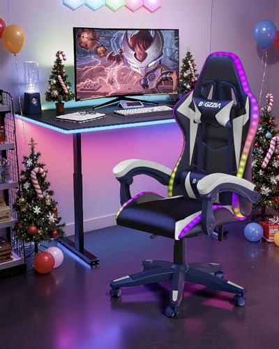 Racingreat Gaming-Stuhl LED mit Schillernde Lichtleiste, PC Gaming Stuhl mit Polsterung und Kopfstütze, Verstellbarer Höhe und Taillenwinkel, Gamer-Sessel Für Erwachsene Mädchen Jungen (Schwarz Weiß)