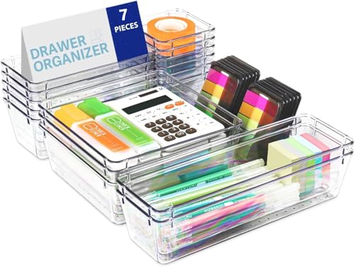 Image of UCRAVO 7Pcs Clear Plastic Desk Drawer Storage Organizer Set Kitchen Organizer, Makeup Organizer Dividers Vanity Tray Set, Desk Drawer Divider Tray, Multi-Purpose Stationery Organizer