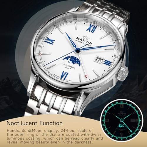 marvin Automatic GMT Men's Watch Swiss Movement Mechanical Luxury Watches for Men with Stainless Steel Strap,Sapphire Glass Dial,Luminous Hands and Hour Markers,50m Waterproof4