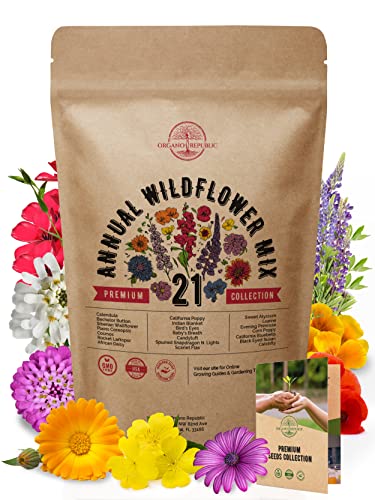 21 Annual Wildflower Seeds Mix for Planting Indoor & Outdoors. 100,000+ Non-GMO, Heirloom Wildflower Garden Seeds in Bulk 4oz Packet for Growing Wild Flowers to Attract Bees, Butterflies & Birds.