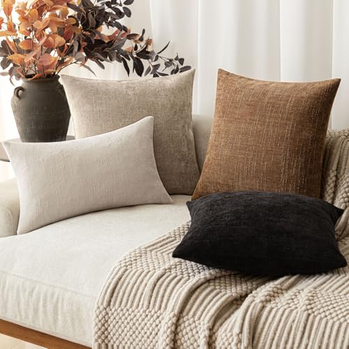 Image of Foindtower Pack of 2 Textured Chenille Throw Decorative Pillow Covers Square Accent Solid Cushion Cover Neutral Farmhouse Pillow Case for Couch Sofa Bedroom Living Room 20x20 Inch,Taupe Khaki Camel