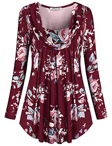 SeSe Code Flowy Tops for Women,Ladies Tunic Tops Dressy Printed Shirts Jersey Blusas De Mujer Tallas Drapes Front Pleat Hem Chic Style Fashion Office Tee Wine X-Large