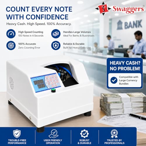 Image of swaggers Heavy Duty Bundle Note Counting Machine- Desktop Model (HIgh Speed, Counts 100 Notes Upto 4 Seconds) 200 Notes Capacity | Best for Banks, Retails, Cash Counters
