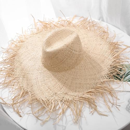 Image of Surakey Summer Straw Hat Straw Sun Hat Wide Brim Straw Hat Beach Straw Hat Tassel Straw Hat Handwoven Straw Hat for Women (Cone), 21.3in-22.8in