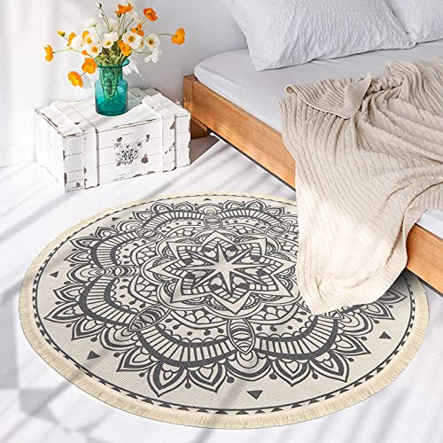 SHACOS Vintage Baumwollteppich Rund Grau Mandala Teppich Baumwolle Waschbar Handgewebt Boho Wohnzimmerteppich mit… – Bild 5