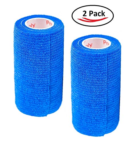 Image of Vet Wrap Tape (Blue) (2 Pack) (4 Inch x 15 feet) Self Adhesive Adherent Adhering Cohesive Flex Self Stick Bandage Grip Roll Dog Cat Pet Horse