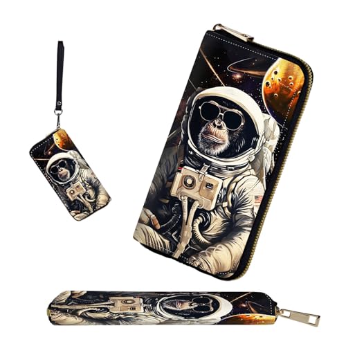 RFID-Blocking Zip Around Wallets for Women with Detachable Wrist Strap,Large Capacity Phone Holder with Card Organizer & Coin Pocket,Gorilla Astronaut