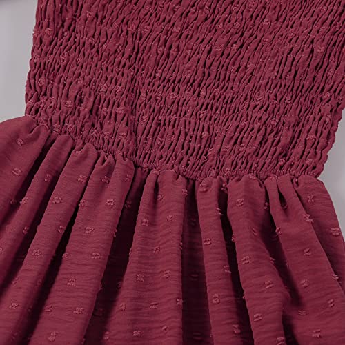 Binboll Girls Dress Sweet & Cute Puff Sleeve Square Neck Ruffle Swiss Dot Ruffle Swing Dress(Wine Red,13-14 Years) #TOP6
