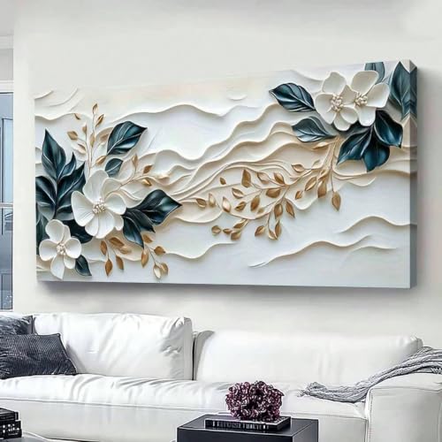 Tableau sur toile pour habiller un mur vide motif fleurs bleues blanches 120cm