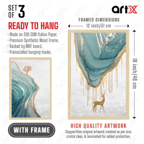Image of ArtX Paper Golden Deer Paintings with Frame for Home Decor Wall Art, Wall Painting for Living Room, Multicolor, Natural Wood Color Frames, 12.0x18.0 inch, Set of 3