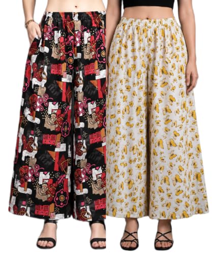 Image of Women Printed Palazzo Pants Combo Pack of 2, Comfortable Elastic Waist Lounge Pants for Women | Relaxed Fit, Loose Fitting Wide Leg Palazzo Pants, Casual Bottom (Available in S to 3XL Size)