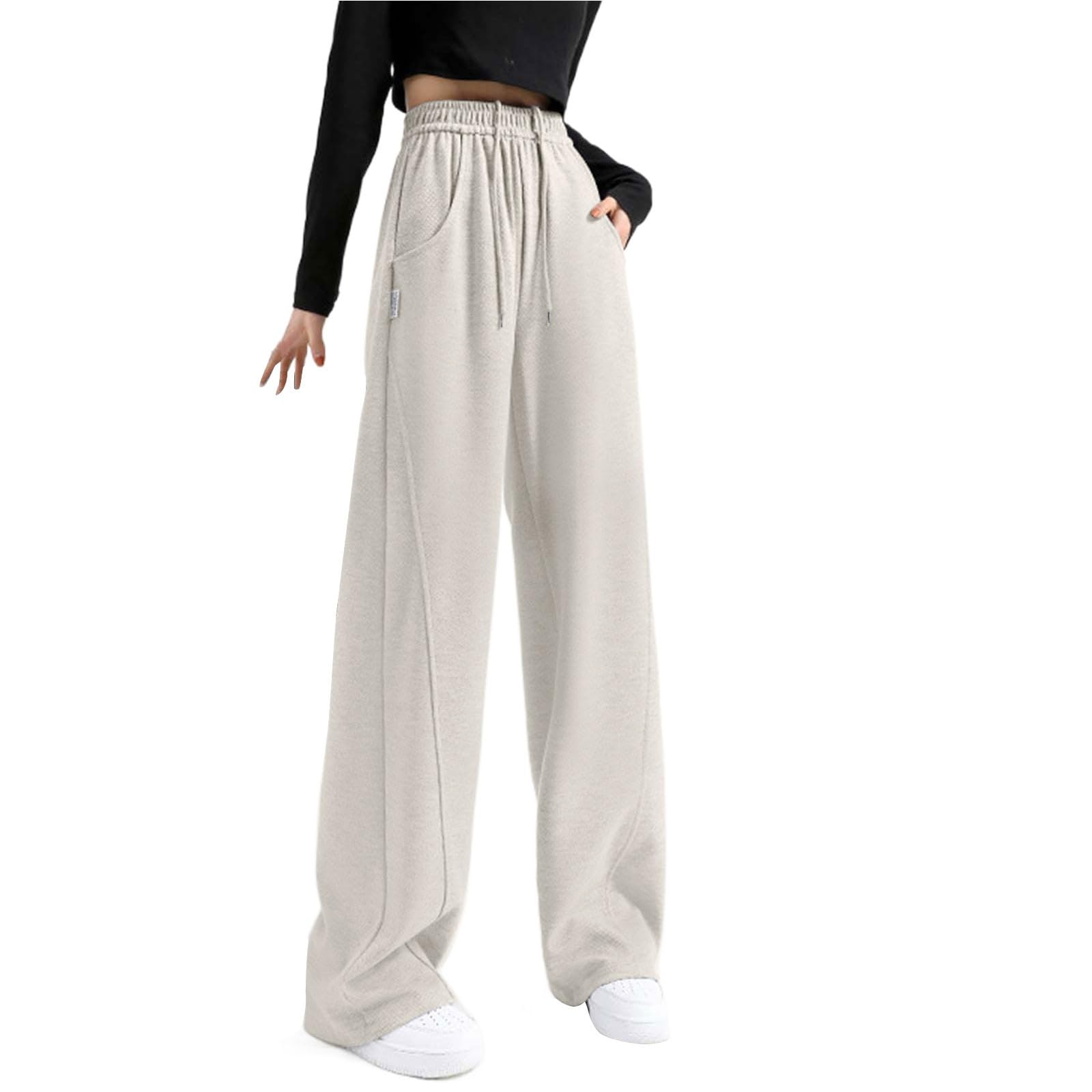 Pantalon Chandal Mujer Chandal Ancho Jogger Pantalones Holgados para Mujer Cintura Alta con cordón Ajustable Estilo Casual Suelto Bolsillos Laterales funcionales Ropa cómoda Diaria