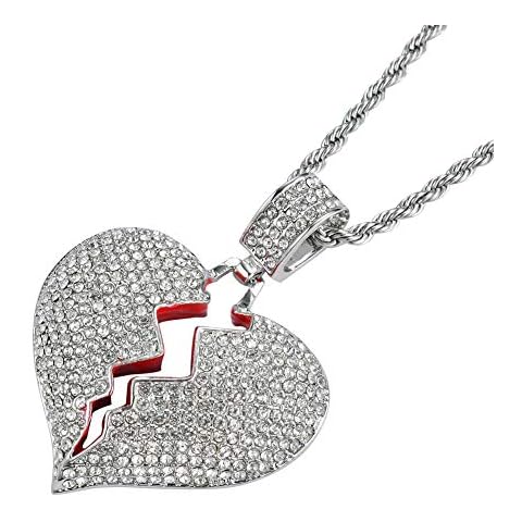 PAMTIER Men's Silver Plated Iced Out Full Diamond Broken Heart Pendant Necklace Chain Charming Hip Hop Jewelry Cover