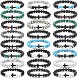 Huquary 24 pcs Cross Beads Bracelet for Men Women 8mm Couple Cross Bracelets Black Christian Healing Lava Stone Stretch Turquoise Tiger Eye Stone Natural
