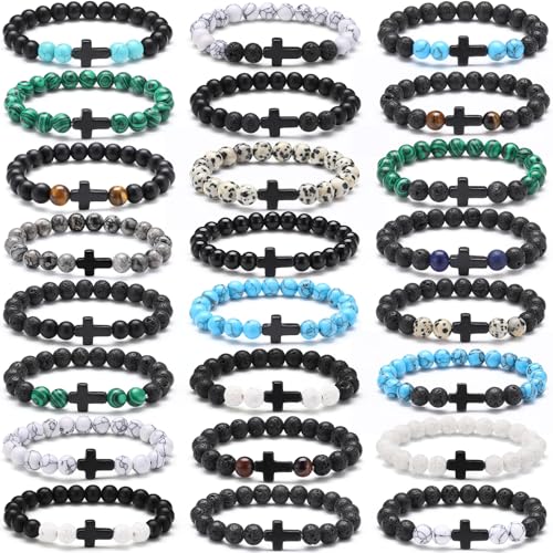 Huquary 24 pcs Cross Beads Bracelet for Men Women 8mm Couple Cross Bracelets Black Christian Healing Lava Stone Stretch Turquoise Tiger Eye Stone Natural