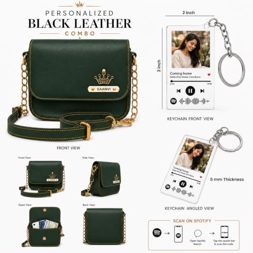 Image of SAVRI Personalized Rakhi Gift for Sister | Customized Leather Sling Bag with Name & Charm and Spotify Photo Keychain with Favourite Song, Personalised Gift Combo for Sister, Behan, Didi- Bro Sis Gift