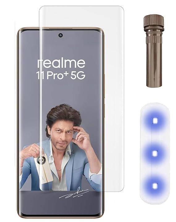 Image of UV Premium HD+ Tempered Glass For Realme 11 Pro / 11 Pro + / Narzo 60 Pro (6.7 Inch, Pack of 1) Full Adhesive Curved Glass 100% Fingerprint Working with installation kit