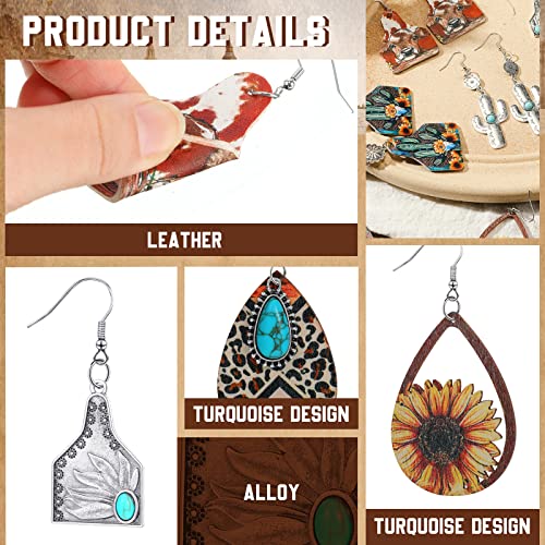 20 Pairs Western Earrings Jewelry for Women Cowgirl Cowboy Boho Vintage Handmade Cow Print Leather Wood Turquoise Teardrop Dangle Earrings Bulk Bohemian4