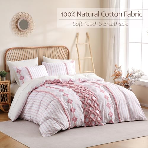 Image of MOVE OVER Tufted Duvet Cover King Size 100% Cotton Boho Duvet Cover Set 3 Pieces Blush Pink Textured Bedding Set with Zipper Closure and Ties Soft Farmhouse Geometric Tufted Comforter Cover