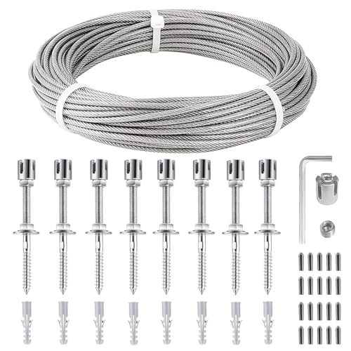 Premium Rankhilfe aus Edelstahl für Tomaten und Kletterpflanzen, Das Optimale Rankhilfe Netz für Garten, Komplettset mit Wandhaltern und 3mm Stahlseil (12 Meter + 8 Kreuzspannfutter)