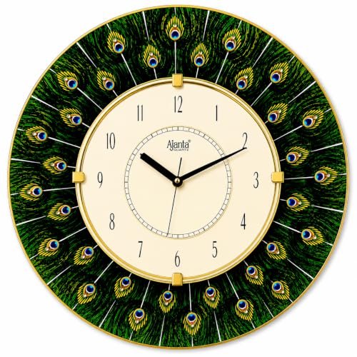 Image of Ajanta Quartz 16-Inch Round Wall Clock ? Premium Traditional Peacock Feather Mor Pankh Design | Decorative Ethnic Wall Watch with Tick-Tack Sound for Living Room, Home and Office