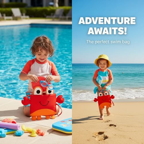 Image of Kids Swimming Bag | Mini Travel for Preschool, Nursery, Beach | Wet & Dry Separation Storage for Boys & Girls Clothes (Crab Shape Red-Orange)