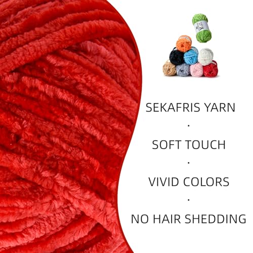 Image of 4 Pack Plush Chenille Chunky Yarn - Fluffy Velvet Yarn Crochet for Blanket Knitting and Crocheting - Soft Baby Yarns for Crocheting - Amigurumi Crochet Yarns 100g (87yds) (4 Red)