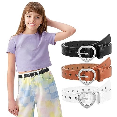 JASGOOD 3 Pack Kids Belts for Girls Heart Buckle Leather Girls Belt Hollow Waist Belt for Jeans Pants