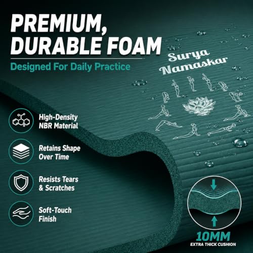Image of De Jure Fitness Yoga Mat for Women and Men, 10mm Extra Thick Non-Slip NBR Exercise Mat for Yoga, Pilates, Gym & Floor Workouts - with Carry Strap
