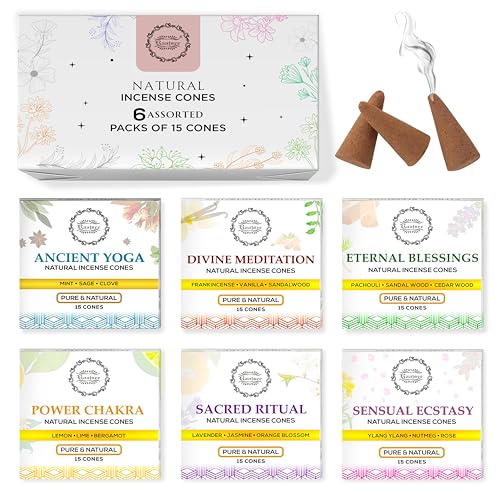 Raajsee Natural Incense Cones,6 Pack Mixed Scents Gift Pack 15 pc Each (90 Total), Insense Cones Variety Pack, 100% Organic Non Toxic Natural - Hand Rolled Free from Chemicals (Pack 3)