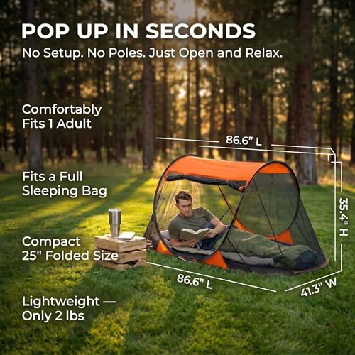 Image of Pop up Mosquito Tent for Camping, 86.6 x 41 x 35 Inch Bug Net Tent with Instant Automatic Setup, Lightweight Portable Screen Net Fits Most Camping Cot for Outdoor Hiking Travel(Orange)
