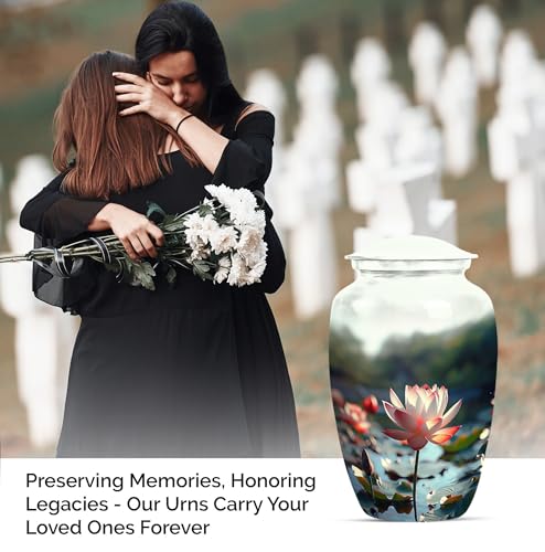 Image of Personalized Lotus - Memorial Urns For Mom & Dad - Decorative Urns For Ashes - 10 Inch - Large With Velvet Bag - Human Remains Urn - Cremation Urn For Ashes - Burial Urns - Large Funeral Urn